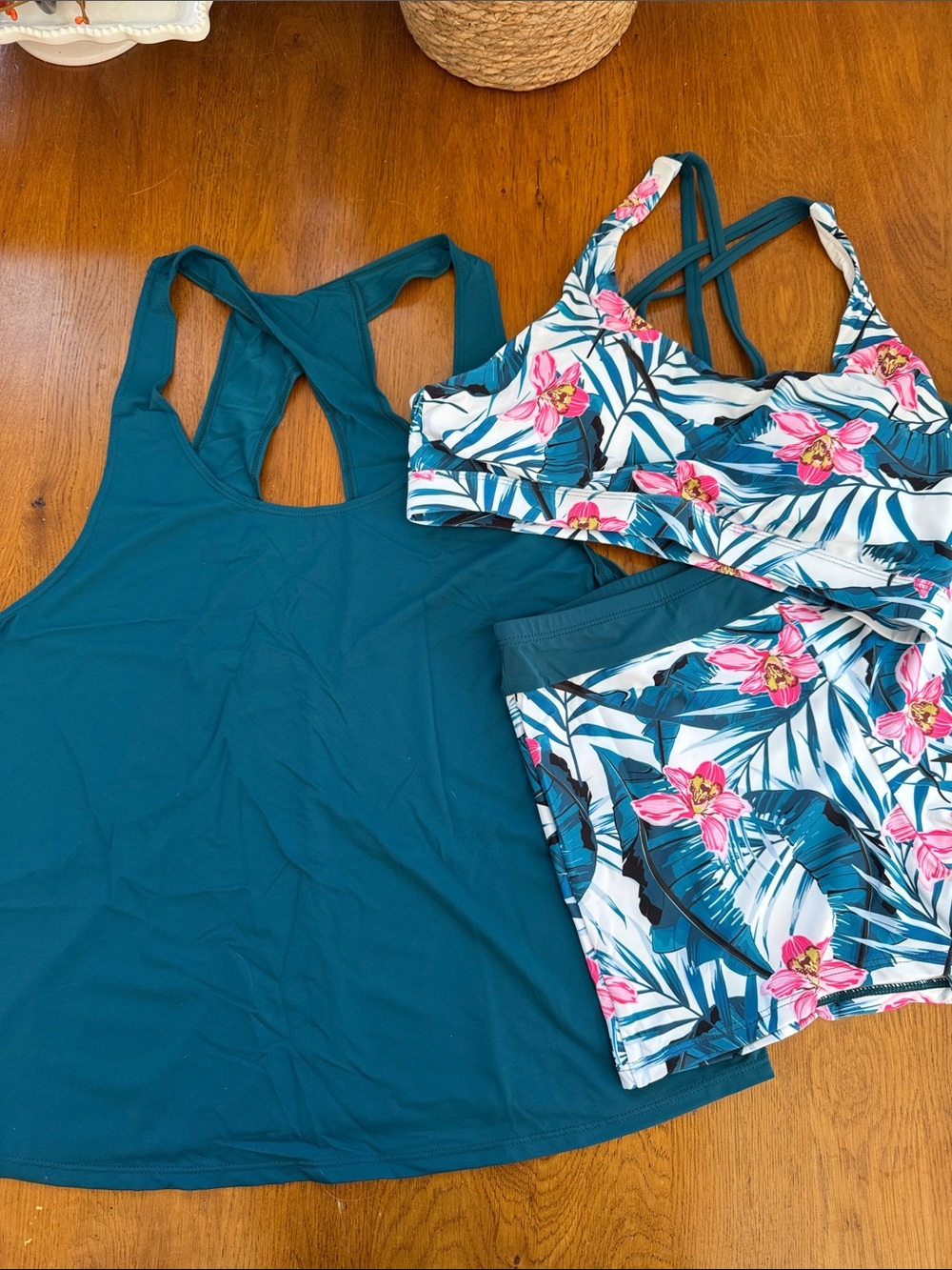 Floral Print Bikini Set with Teal Tankini and Shorts